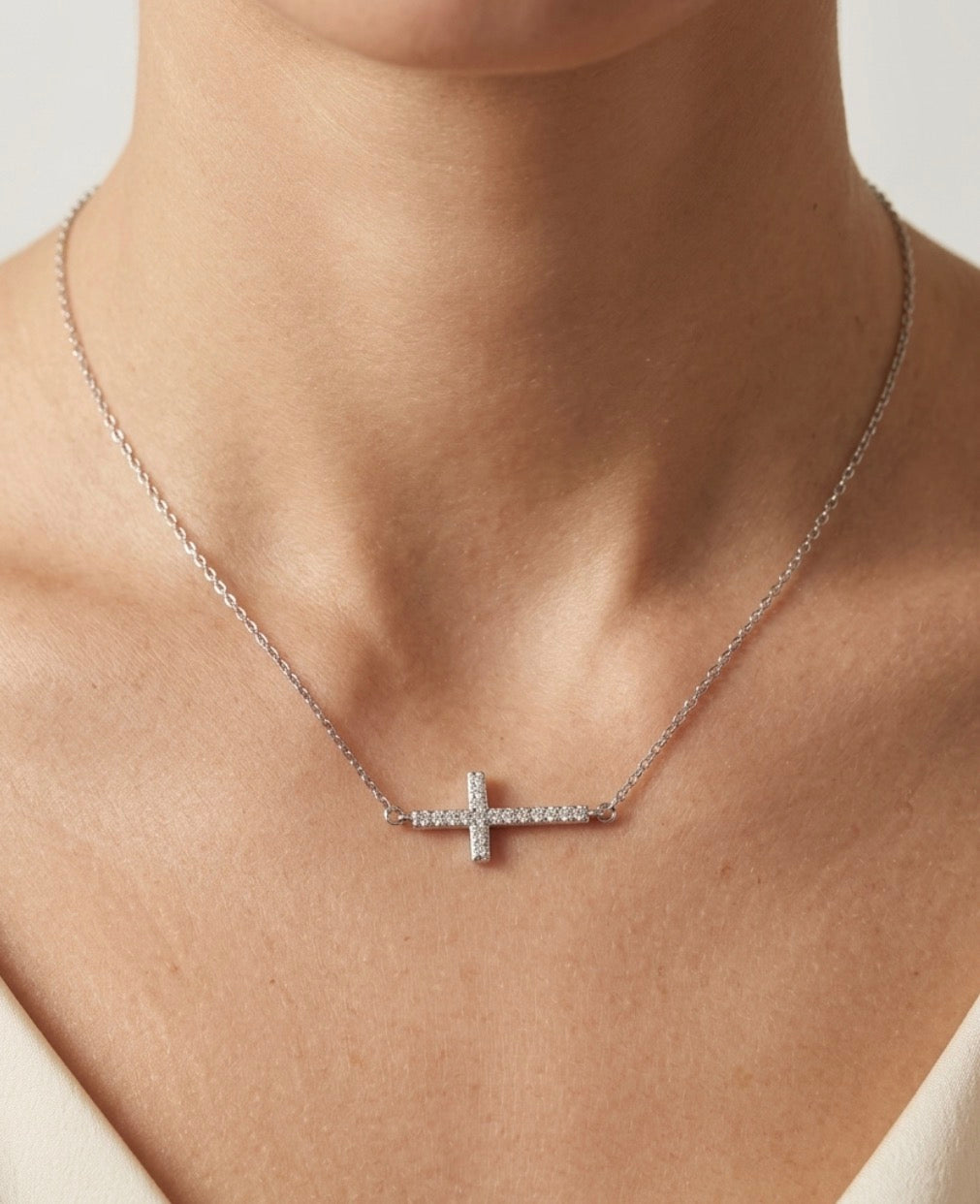 Sterling Silver Pave Sideway Cross Necklace