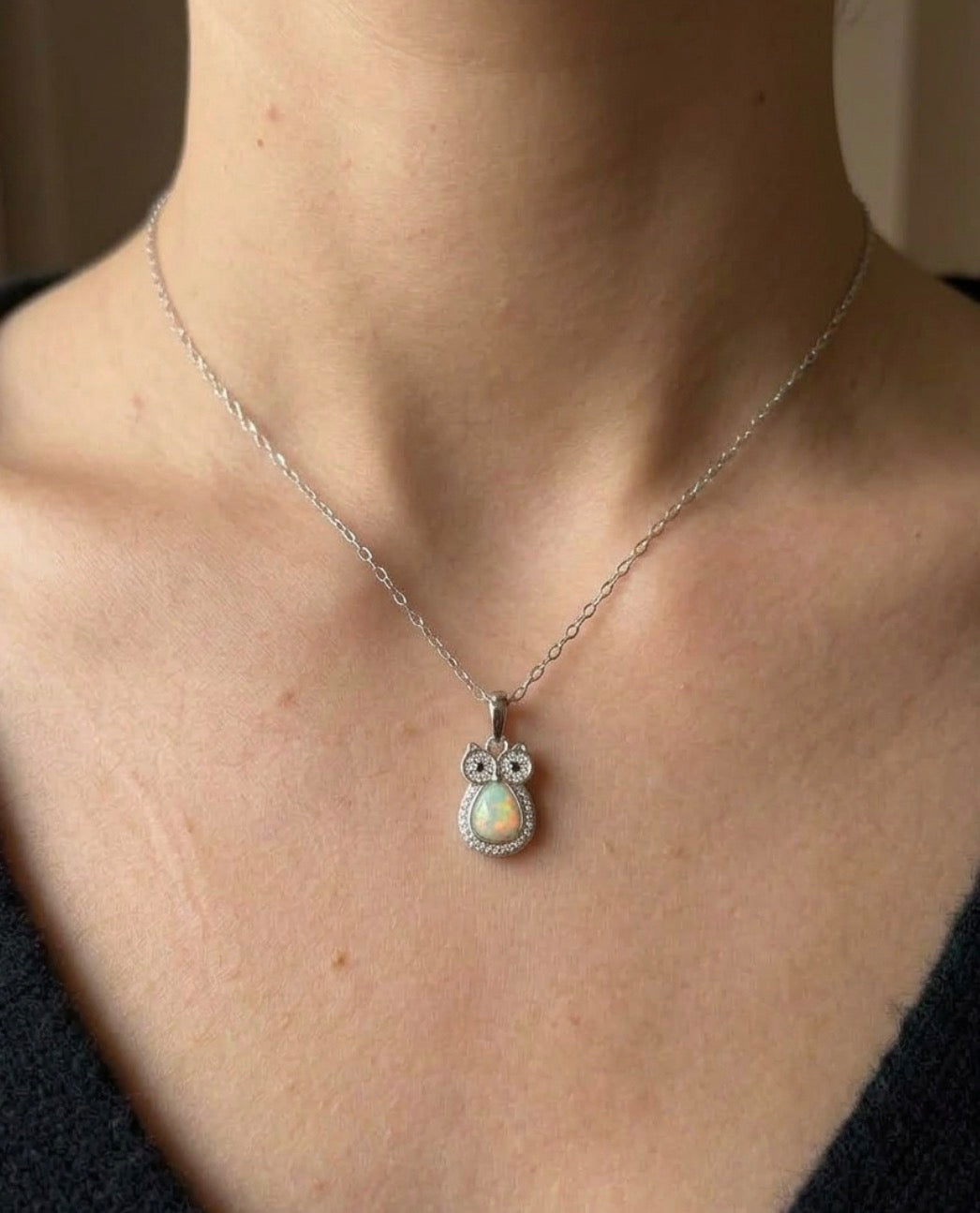 Sterling Silver Opal  Owl Necklace