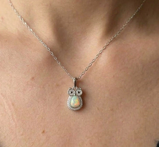 Sterling Silver Opal Owl Necklace