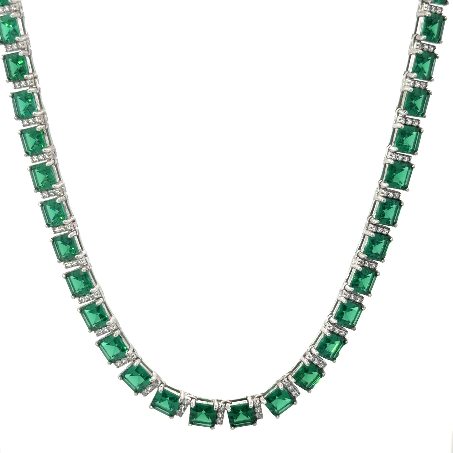 Sterling Silver Tennis Necklace, With Emerald Cushion Cut Cubic Zirconia Stones