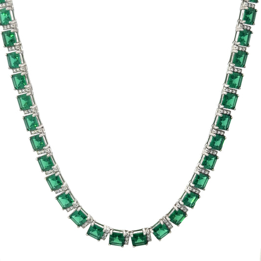 Sterling Silver Tennis Necklace, With Emerald Cushion Cut Cubic Zirconia Stones