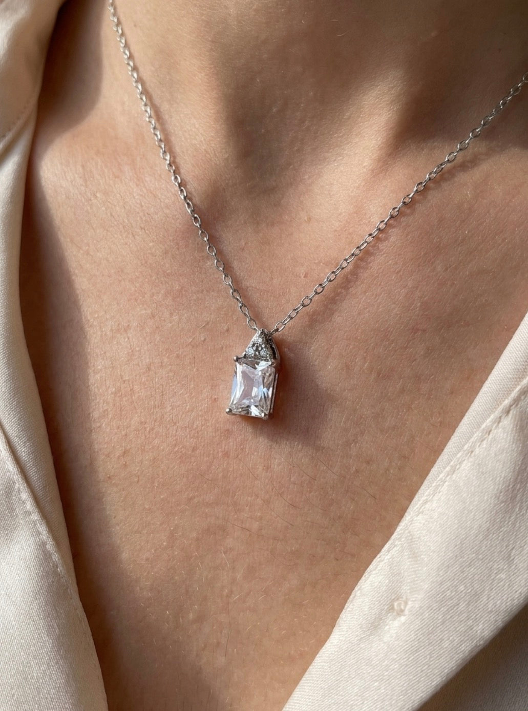 Sterling Silver Emerald cut Cubic Zirconia Necklace