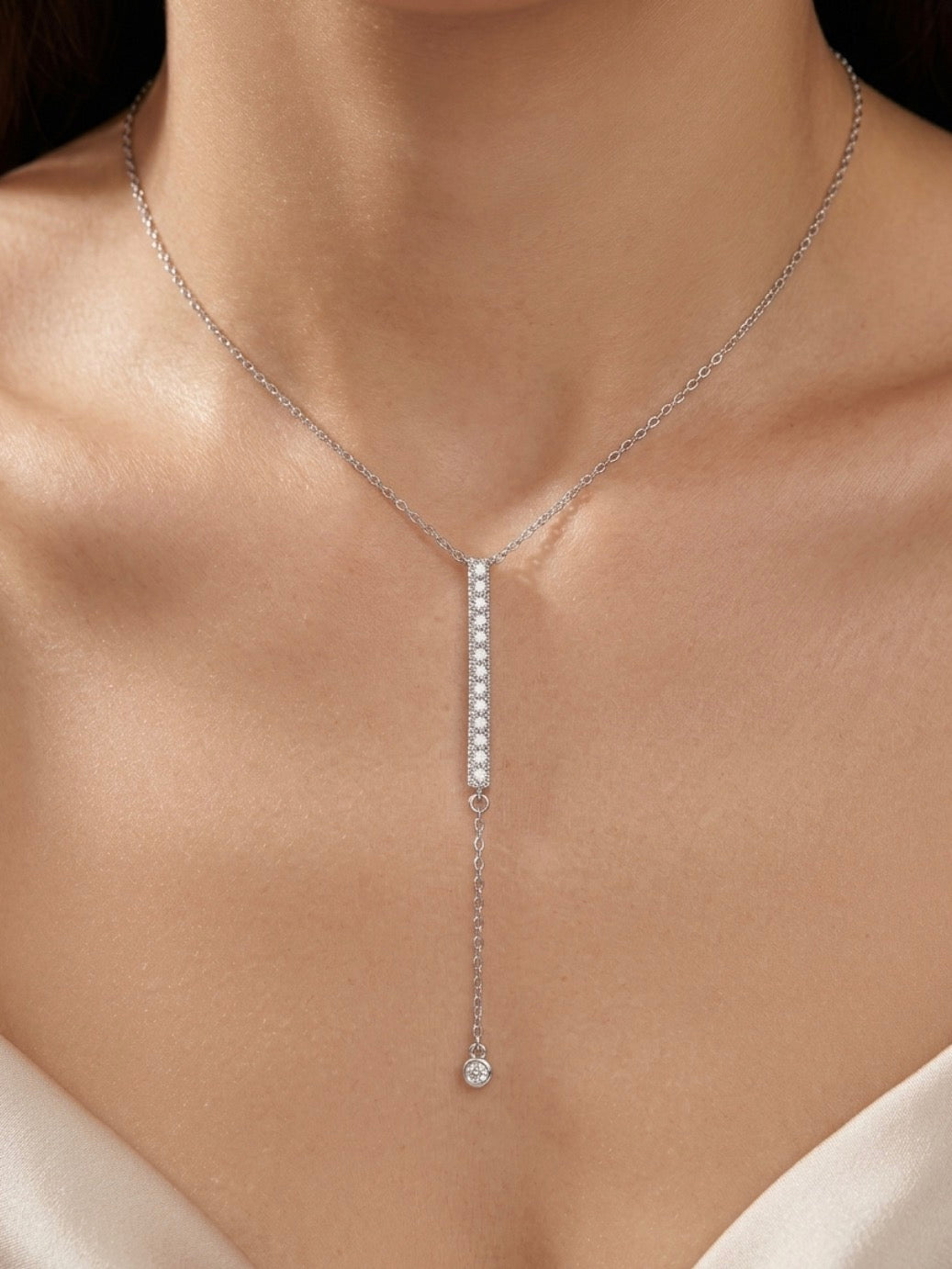 Sterling Silver Silver Linear Pavé Lariat Drop Necklace