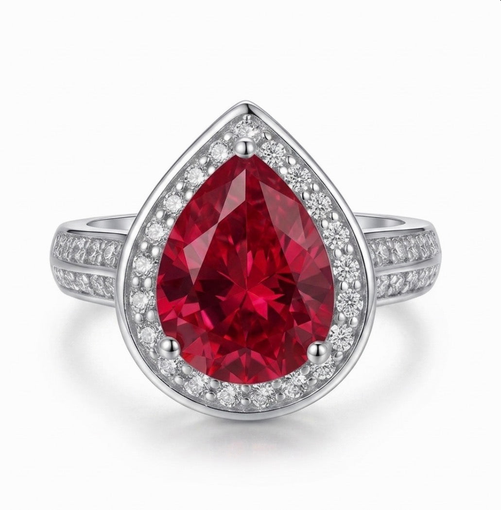 Sterling Silver Checkerboard Teardrop-cut Ruby Ring