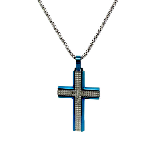 Blue Stainless Steel Industrial Cross Pendant