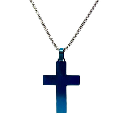 Blue Stainless Steel Industrial Cross Pendant