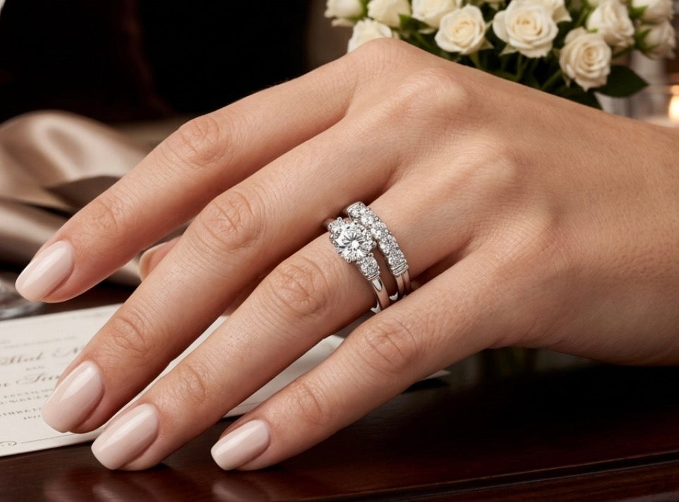 Sterling Silver 3-Stone Wedding Ring Set