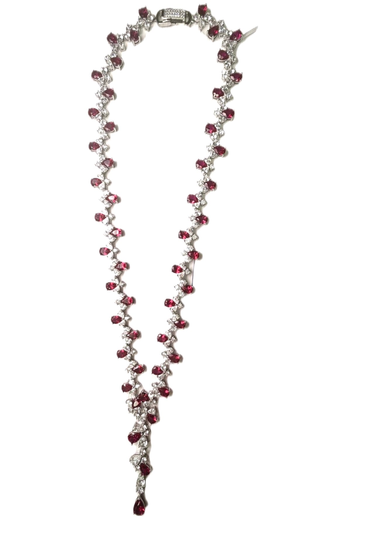 Sterling Silver Radiant Pear Shape Ruby and Clear Cubic Zirconia Necklace