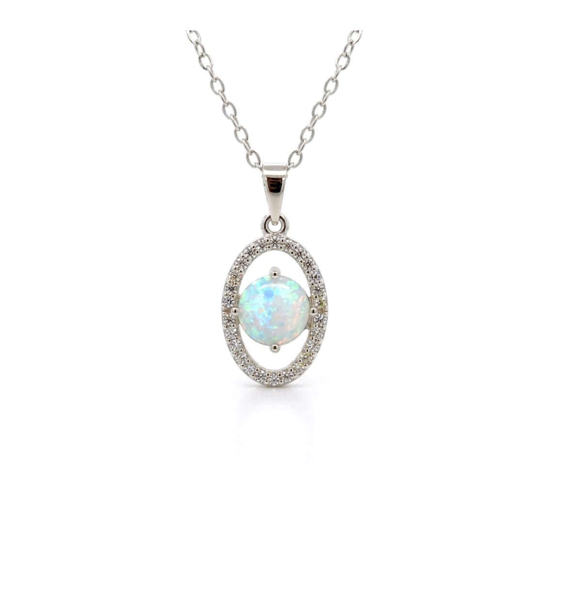 Sterling Silver Oval Halo Opal Necklace