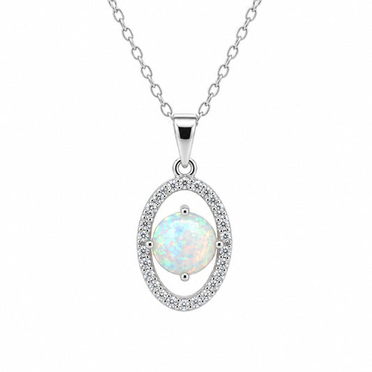 Sterling Silver Oval Halo Opal Necklace