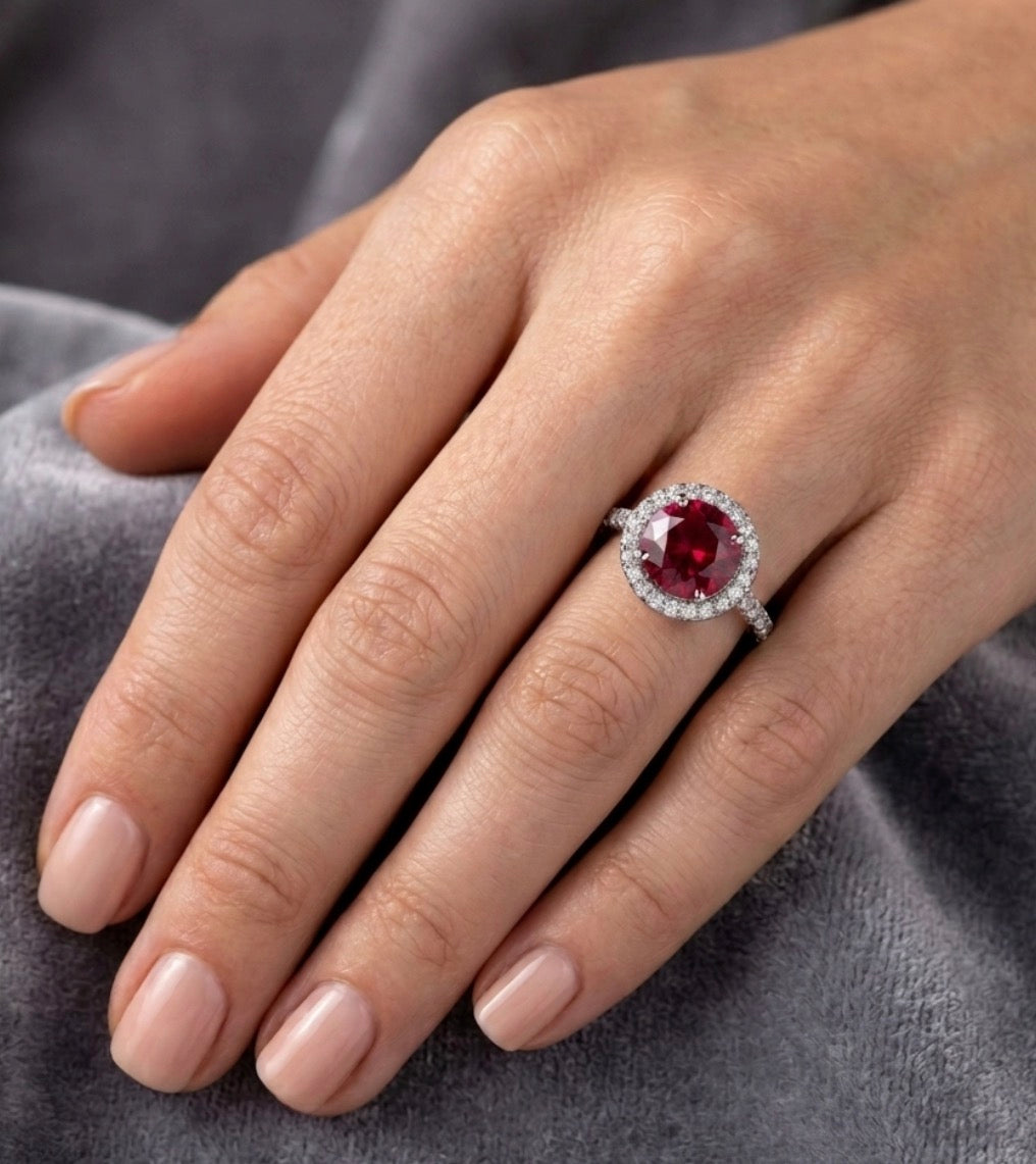 Sterling Silver Round-cut Ruby Halo Ring