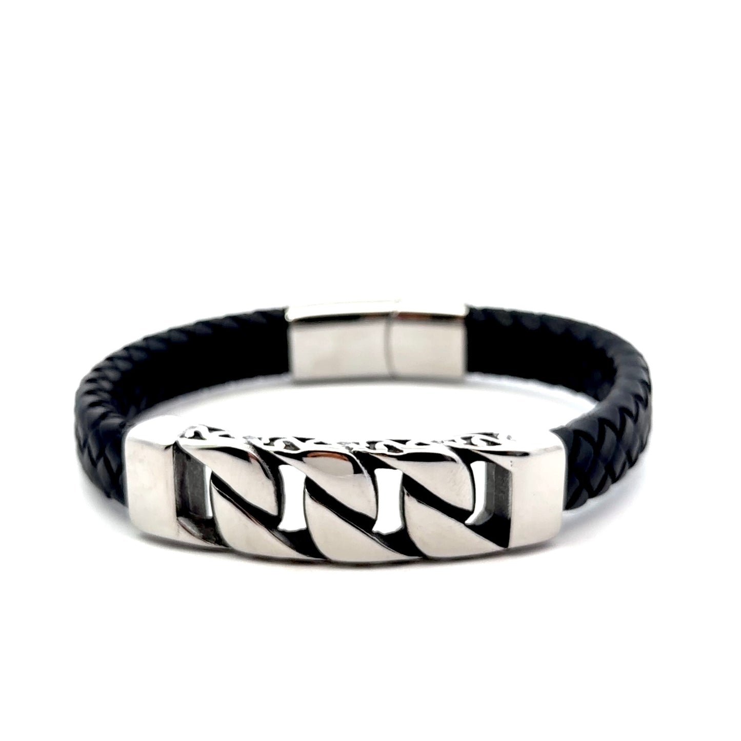 Black Leather Bracelet with Steel Design Bar and Magnetic Strap