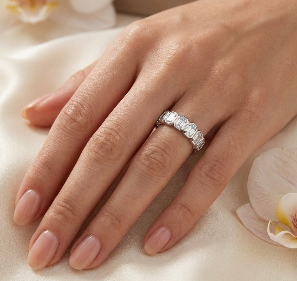 Sterling Silver Emerald Cut Ladies Band