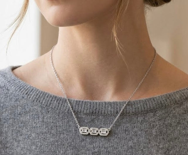 Sterling Silver With Cubic Zirconia Shimmering Bar Necklace