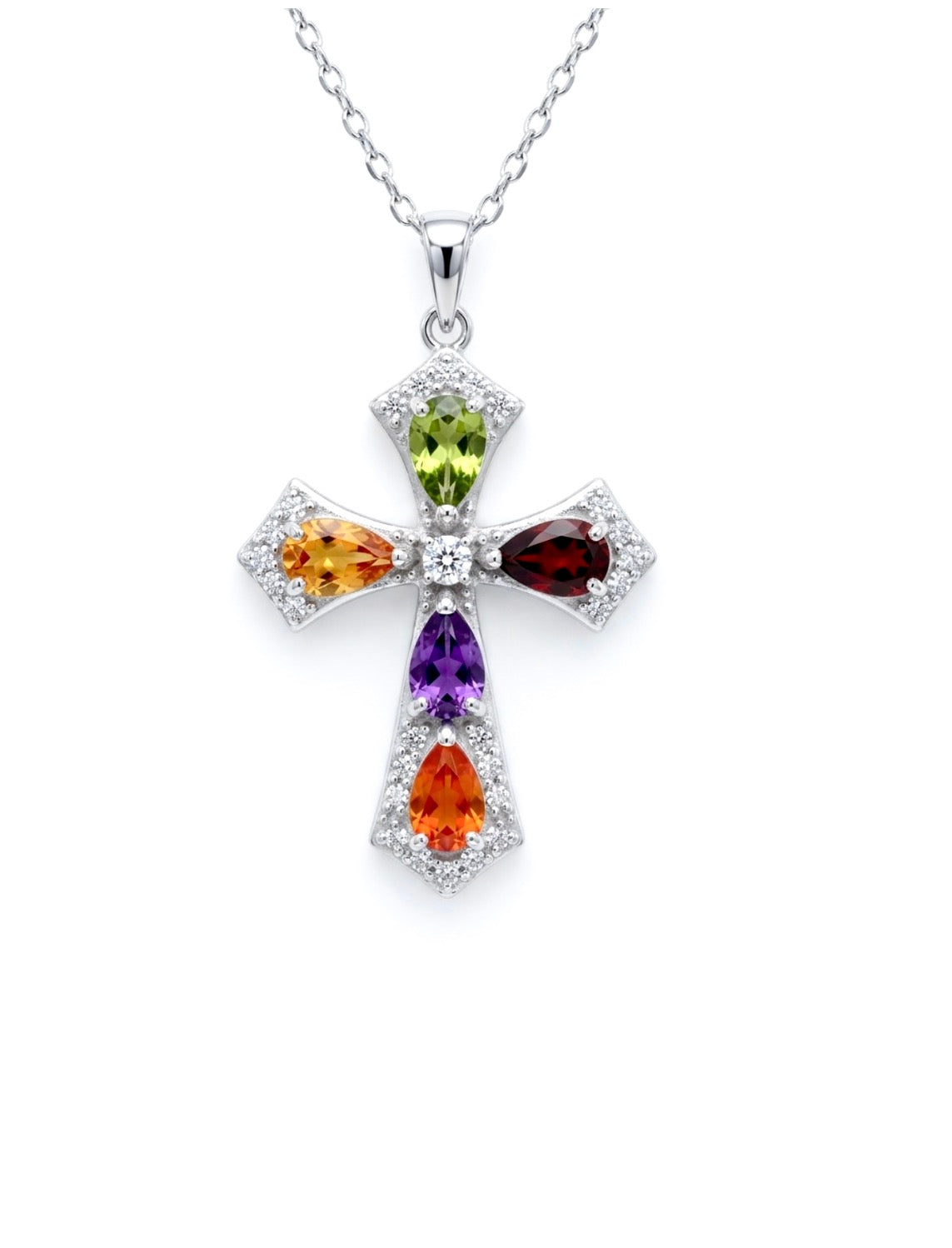 Sterling Silver Multi Color Cross Pendant Necklace