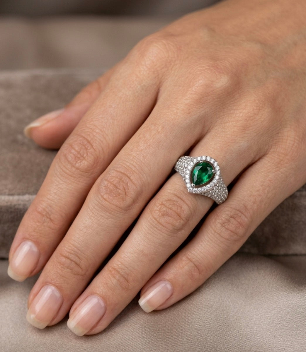 Sterling Silver Emerald Pave Encrusted Teardrop-cut Ring