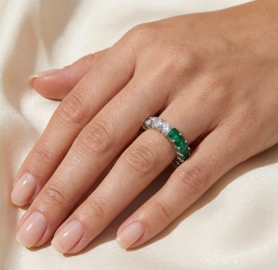 Sterling Silver Two-Tone  Emerald Eternity Ladies Band