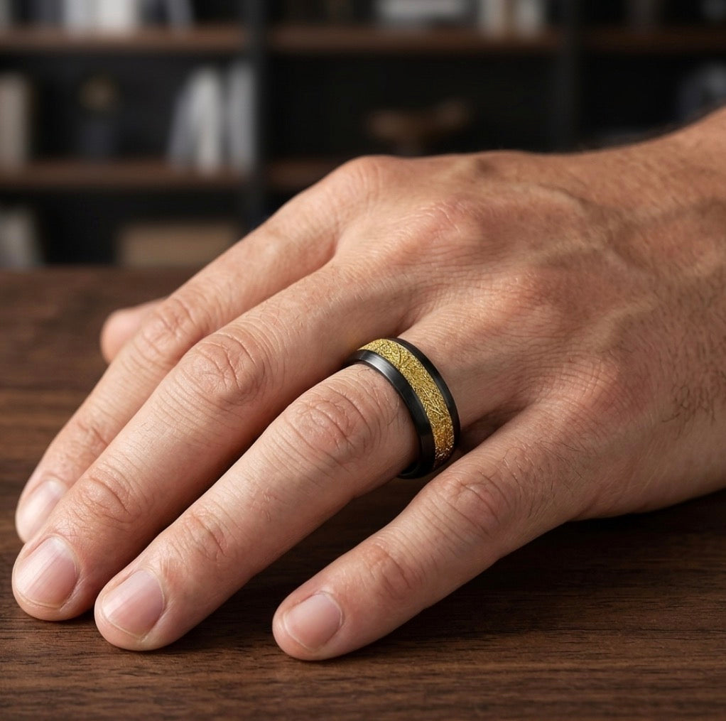 The Eclipse Matrix: Black Tungsten Band with Textured Gold Meteorite Inlay