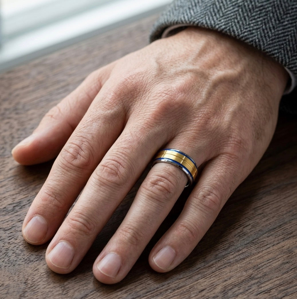 The Royal Imperium: Gold-Plated Stepped Tungsten Band with Electric Blue Grooves