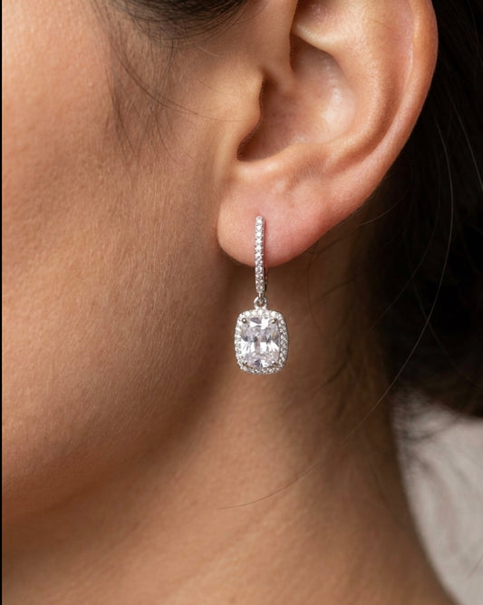 Sterling Silver Emerald Cut Halo Drop Earrings