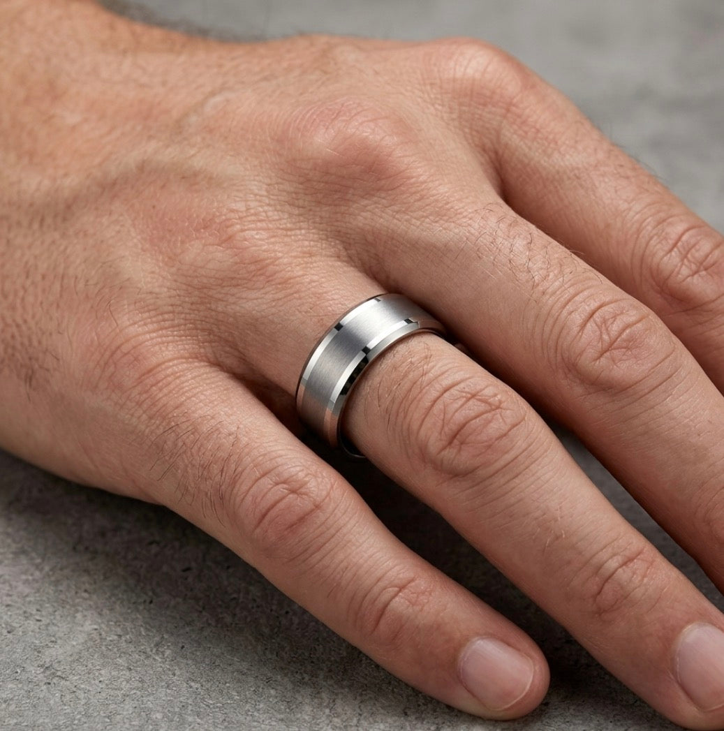 The Apex Stepped: 8mm Silver Brushed Tungsten Band with Polished Step-Beveled Edges