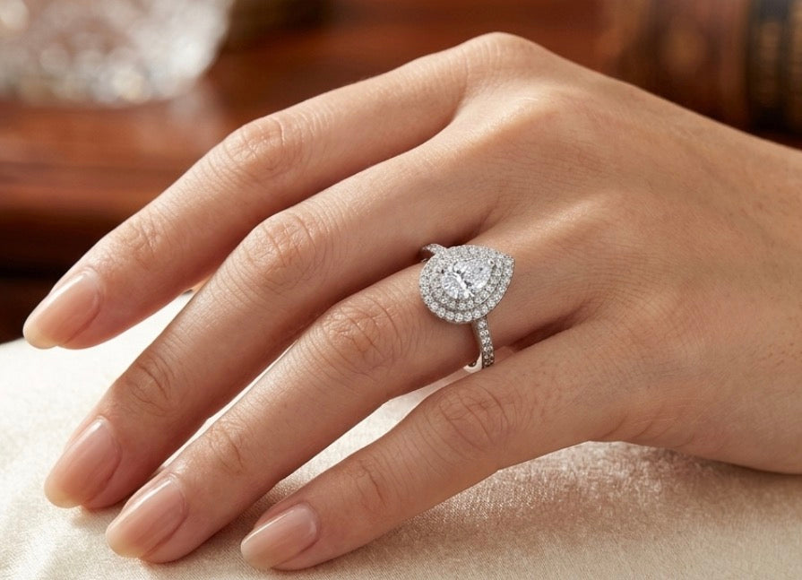 Sterling Silver Teardrop-cut Stone with Double Halo Ring