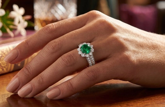 Sterling Silver Round Cut Emerald Inspired Floral Ring