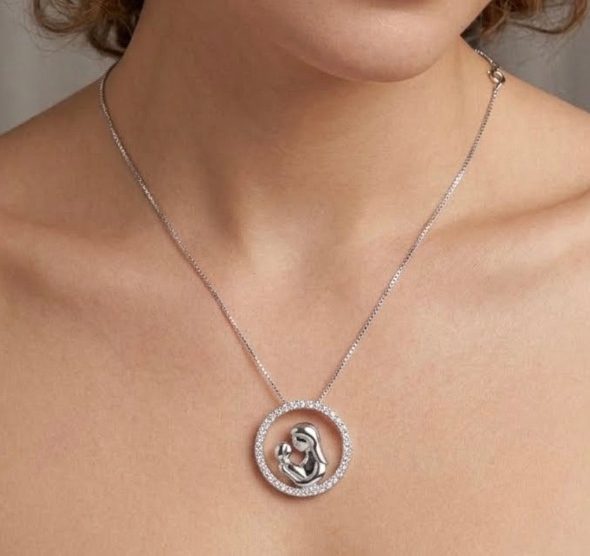 Sterling Silver Mother and Child Cubic Zirconia Pendant Necklace