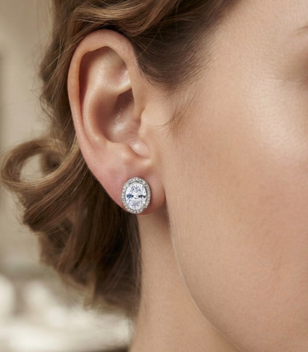 Sterling Silver Oval Cut Cubic Zirconia Stud Earrings