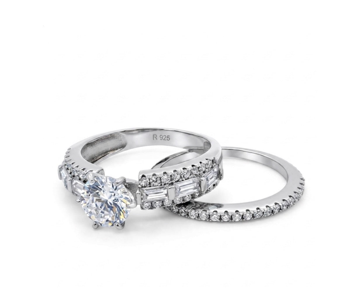 Sterling Silver 6-Prongs Brilliant-cut Wedding Ring Set