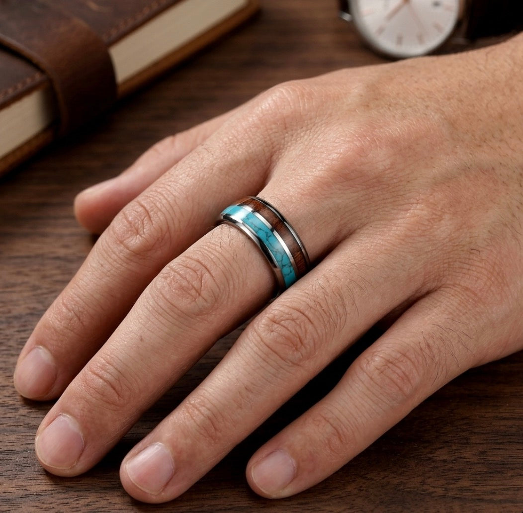 The Kahana: 8mm Silver Tungsten Band with Koa Wood & Turquoise Inlay