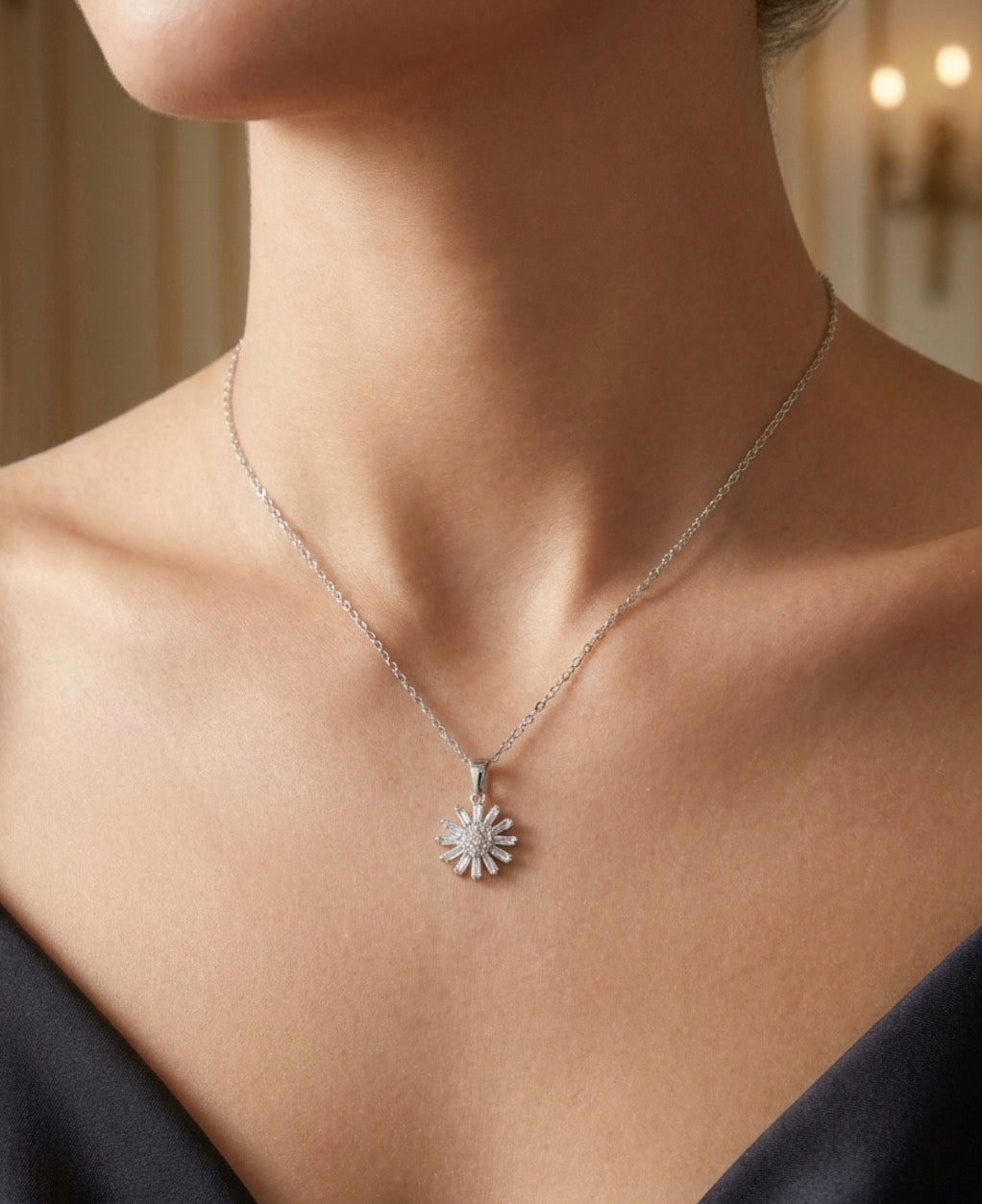 Sterling Silver Baguette Starburst Necklace