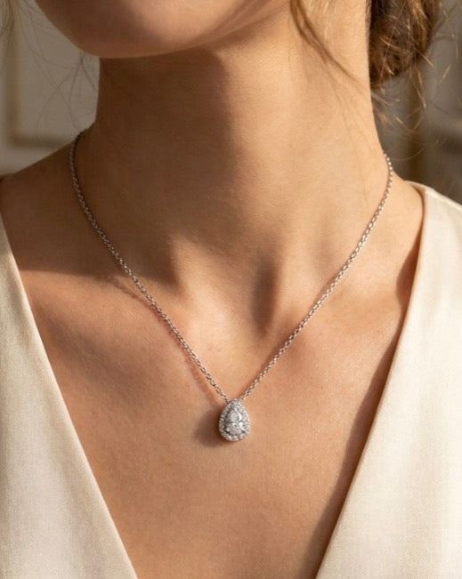 Sterling Silver Double Halo Teardrop Necklace