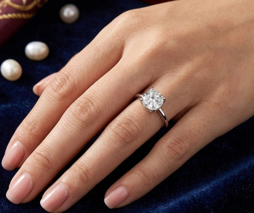 Sterling Silver 4-Prongs Solitaire Engagement Cushion-Cut Ring