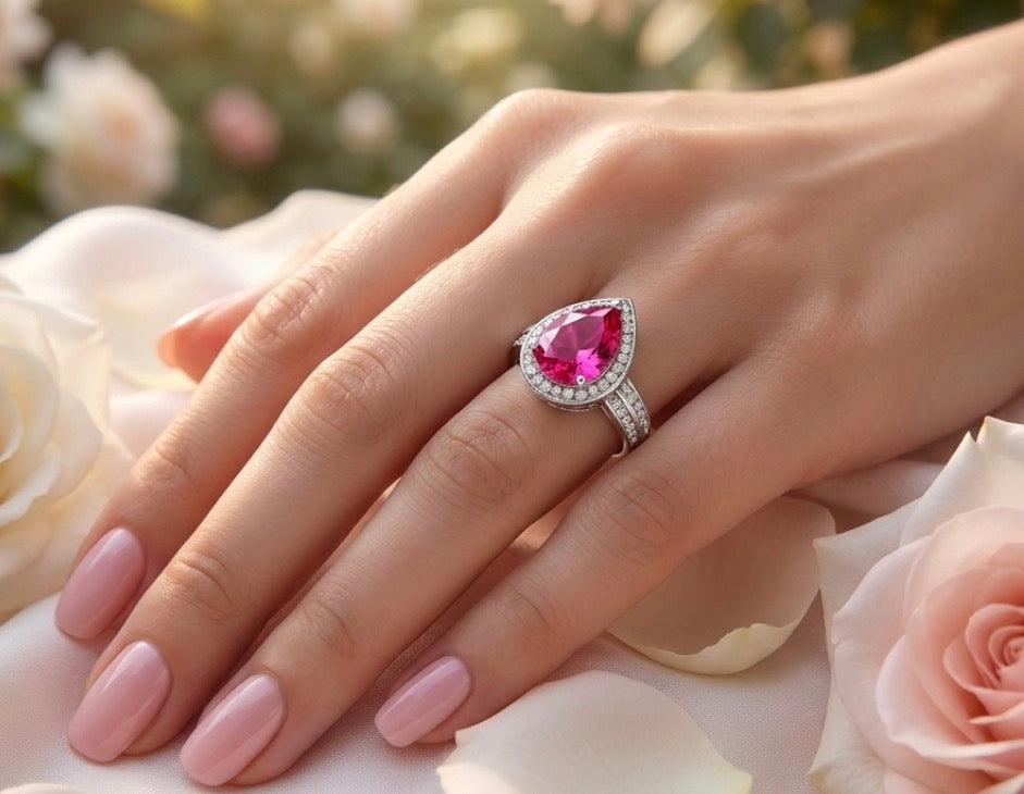 Sterling Silver Checkerboard Teardrop-cut Ruby Ring