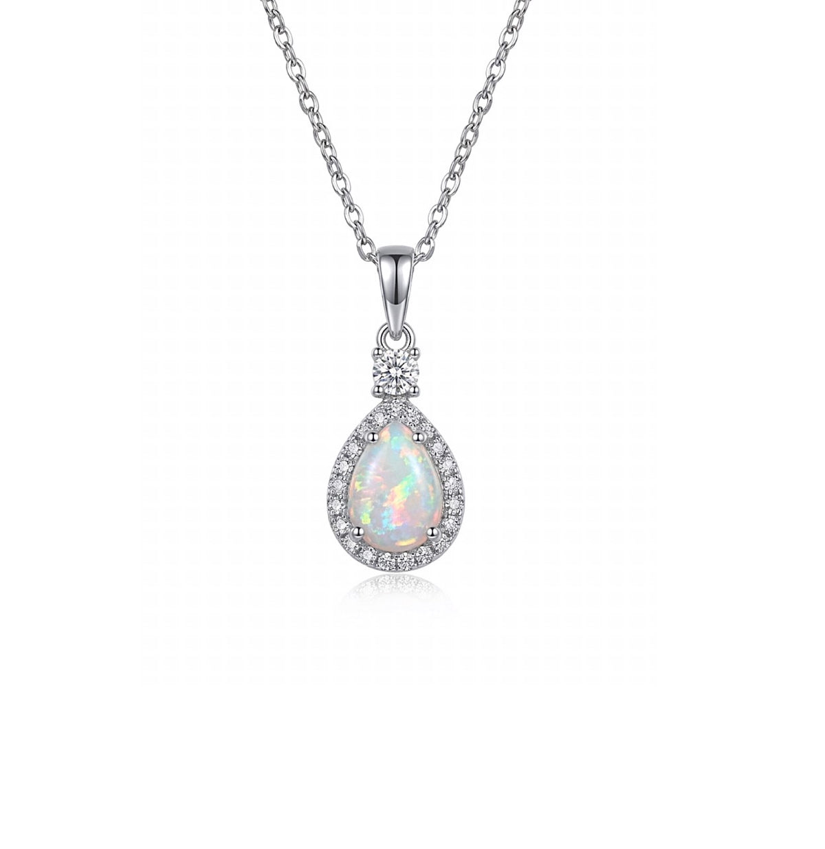 Sterling Silver Teardrop cut Opal Halo Necklace