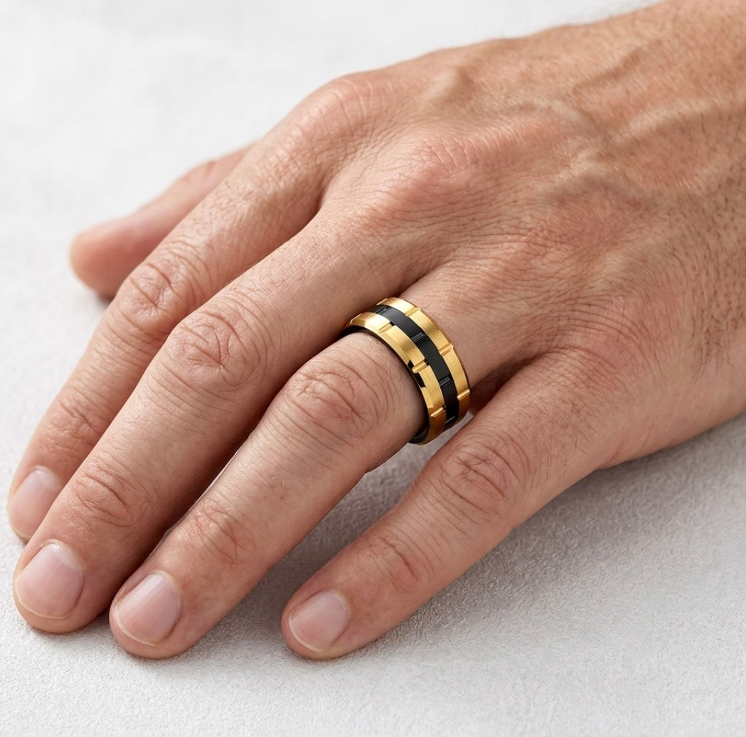 The Imperium: Gold-Plated Stepped Tungsten Band with Matte Black Panel Inlay