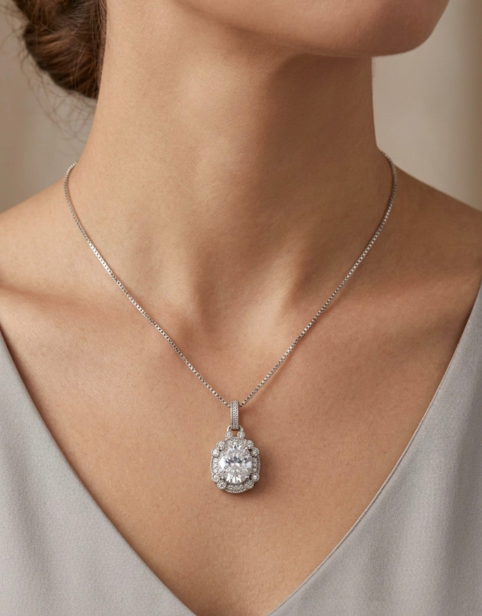 Sterling Silver Oval-cut Pave set Necklace