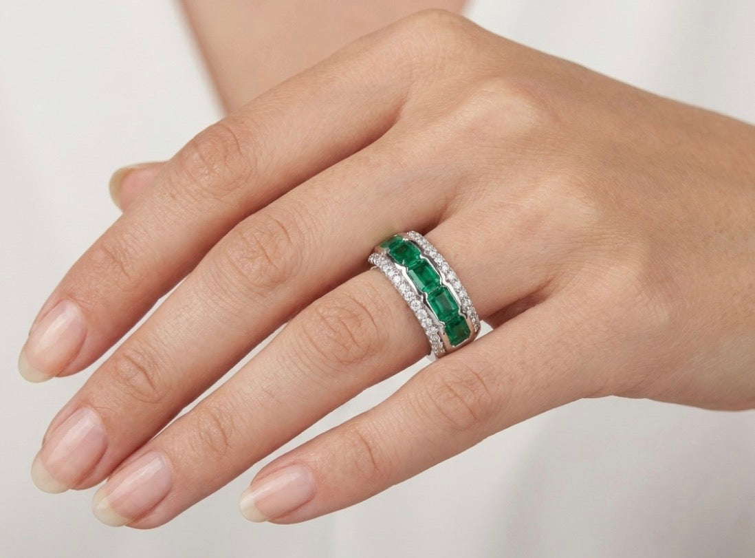Sterling Silver Emerald Wide Ladies Band
