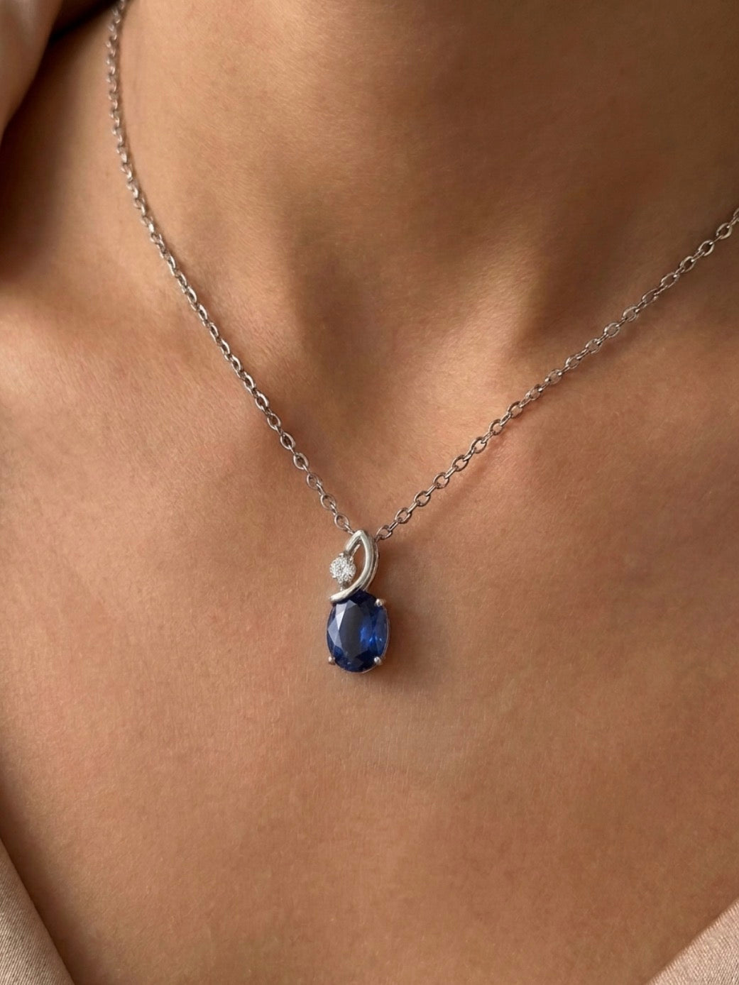 Sterling Silver Sapphire Oval Cut  Necklace