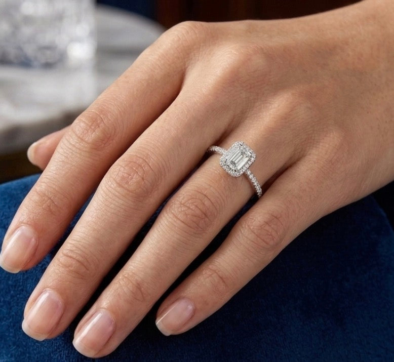Sterling Silver Emerald Cut Halo Ring