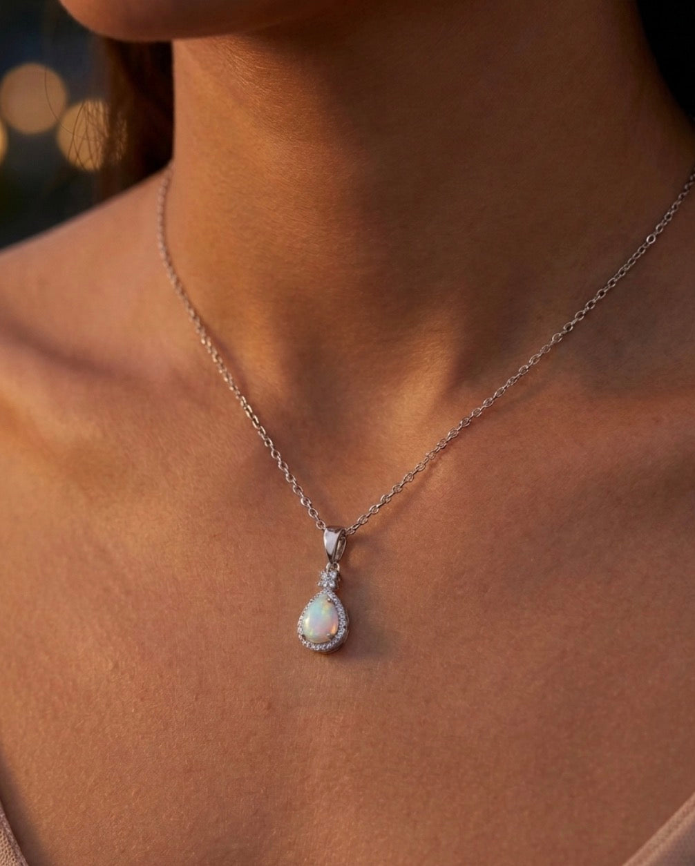 Sterling Silver Teardrop cut Opal Halo Necklace