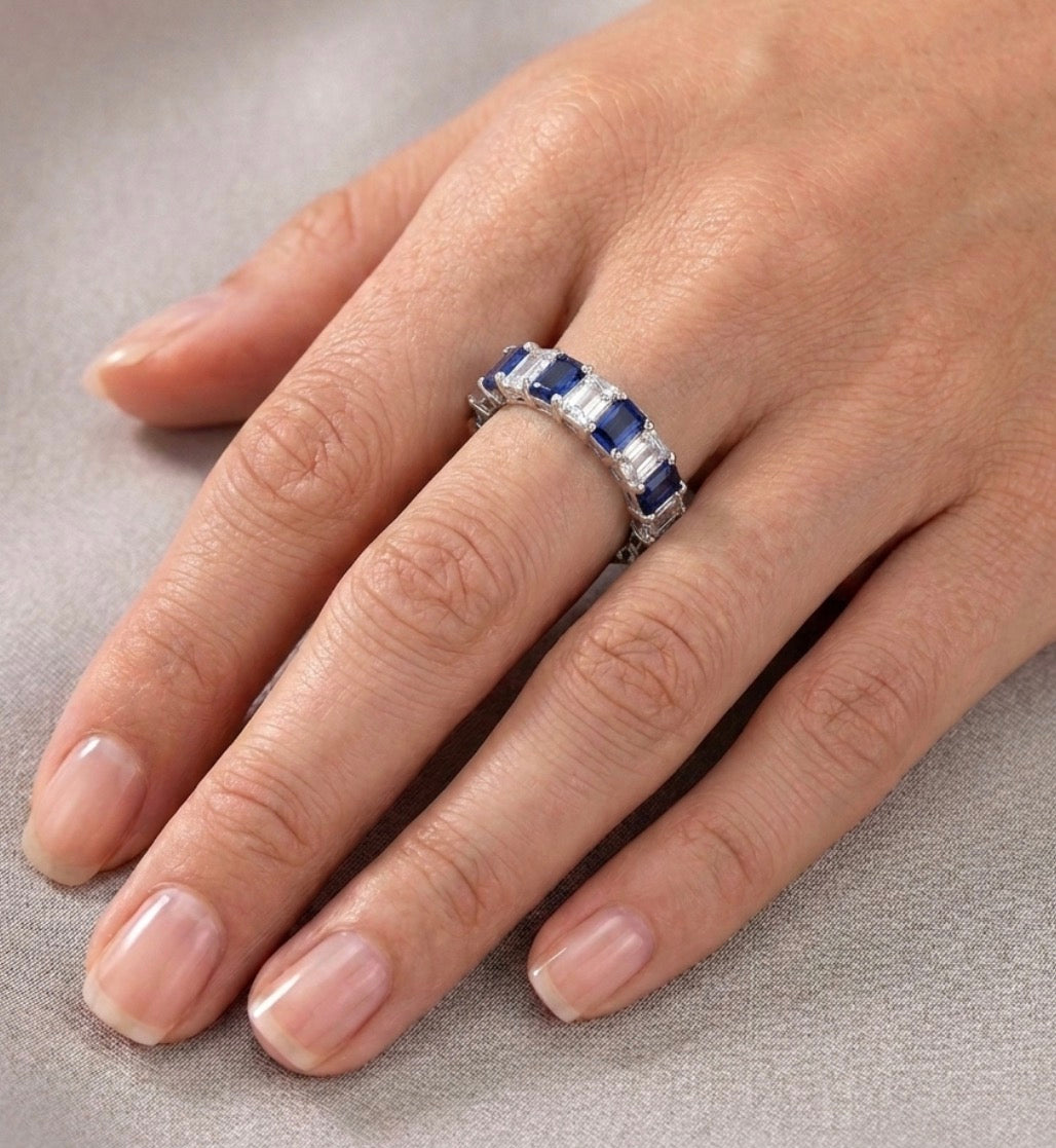 Sterling Silver Emerald-cut Tanzanite Eternity Ladies Band