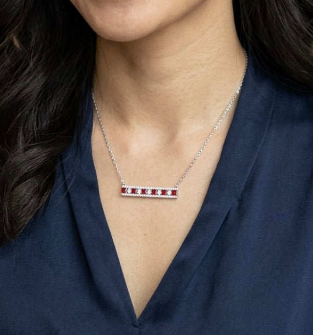 Sterling Silver Cubic Zirconia Princess Cut Ruby Red Horizontal Bar Necklace