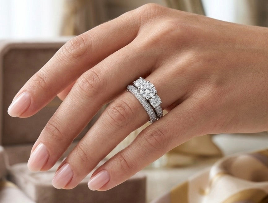 Sterling Silver 3-Stone Wedding  Ring Set