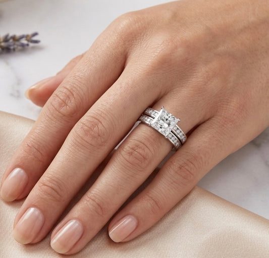 Sterling Silver Princess 4-prongs Wedding Ring Set