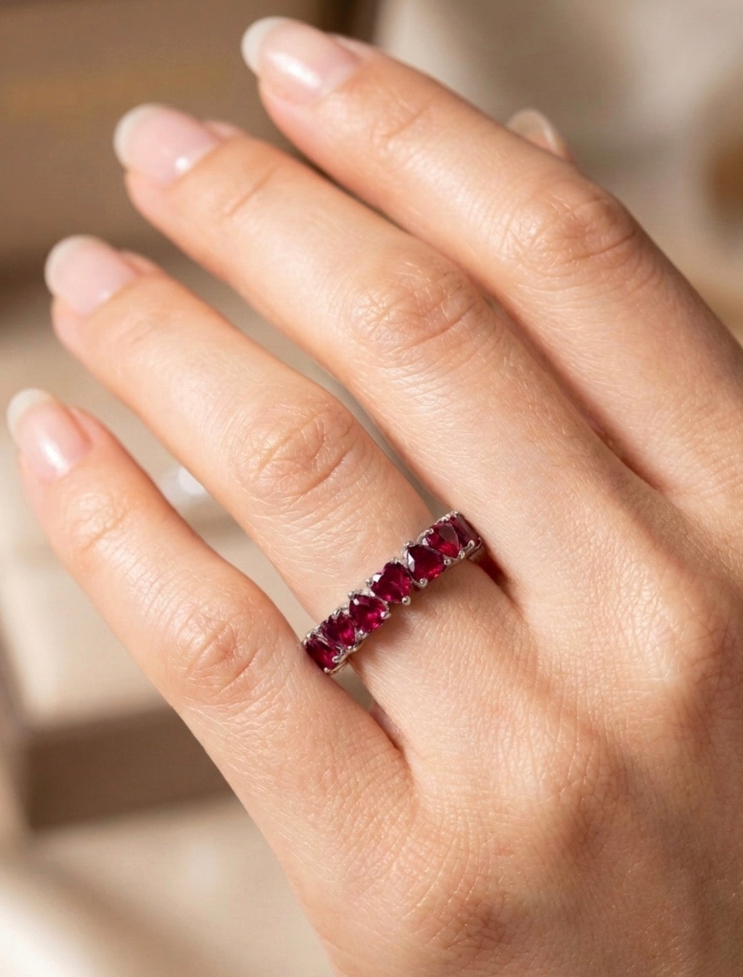 Sterling Silver Heart-cut  Ruby Eternity Ladies Band