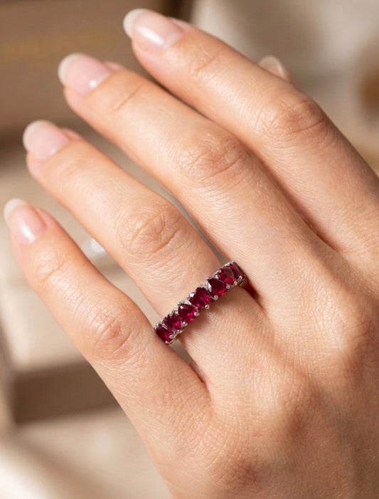 Sterling Silver Heart-cut  Ruby Eternity Ladies Band