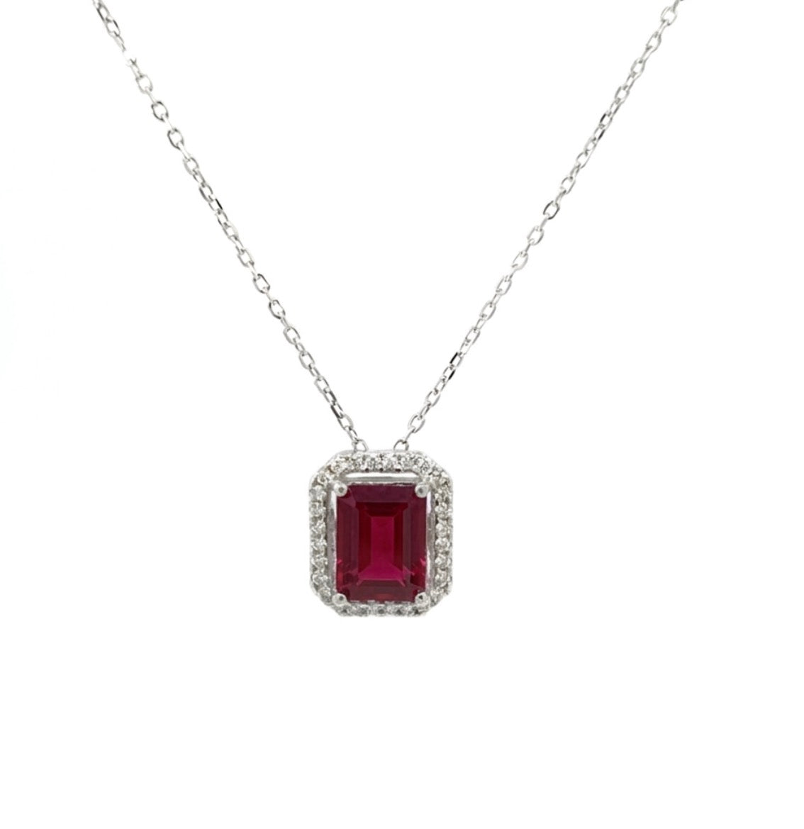 Sterling Silver Ruby Halo Necklace