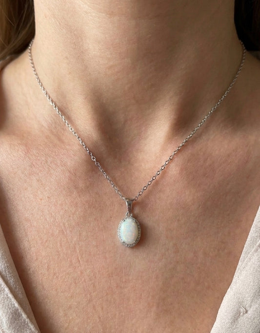 Sterling Silver Oval cut Opal Necklace